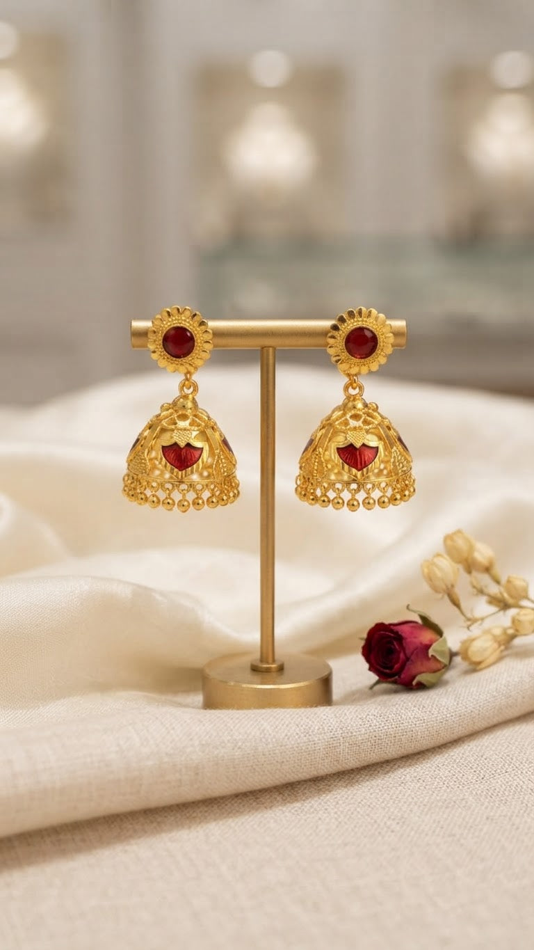 Traditional Kerala Gold Red Palakka Jhumka Earrings