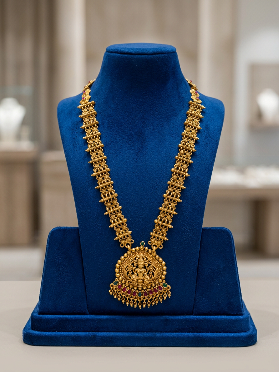Antique Gold Goddess Lakshmi Long Haram Necklace