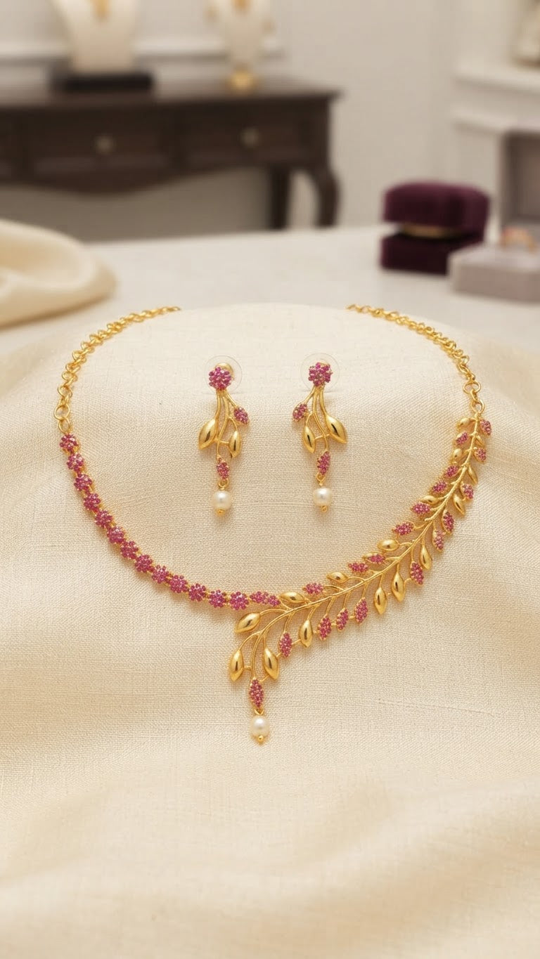 Girls' Whimsical Gold Floral Vine & Pearl Drop Necklace Set