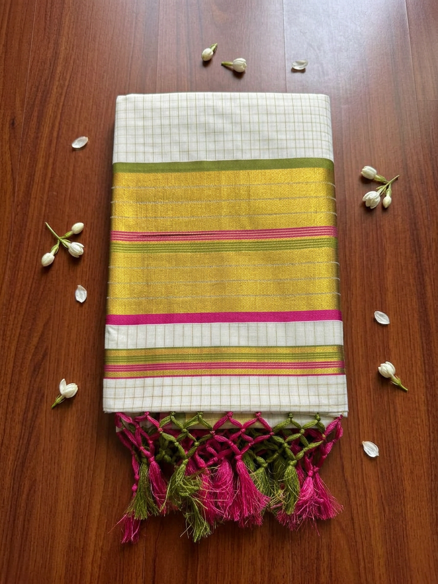 Off-White Saree with Micro-Check Woven Body, Rich Gold Zari Border, Vibrant Pink and Green Striped Accents, and Intricate Hand-Knotted Tassels