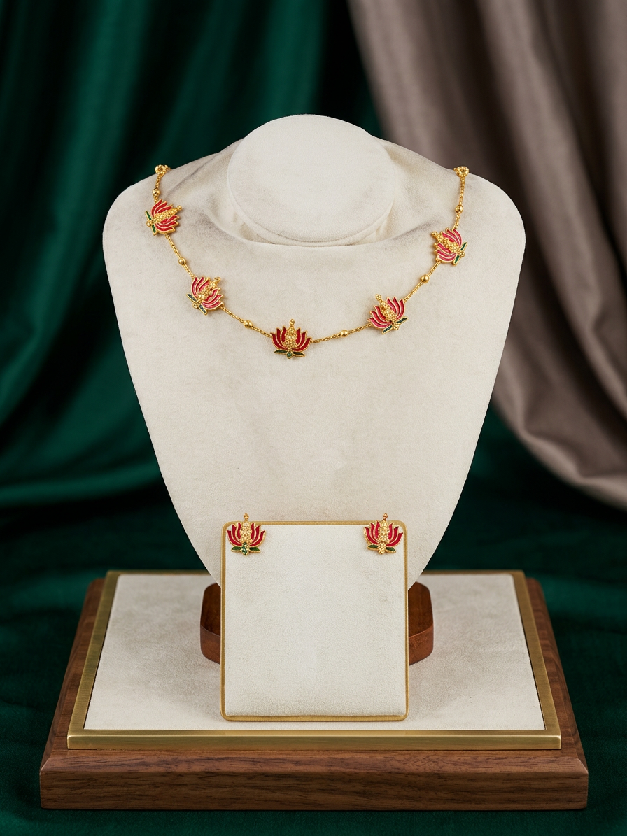 Minimalist Gold Enamel Lotus Necklace Set