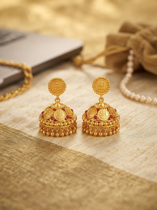 Traditional Gold-Plated Lakshmi Jhumka Earrings with AD Stones
