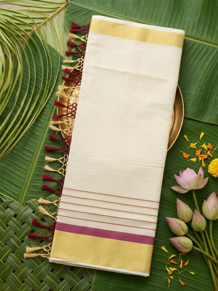 Nandini Ivory Tissue Saree with Maroon & Gold Zari Border & Macrame Tassels