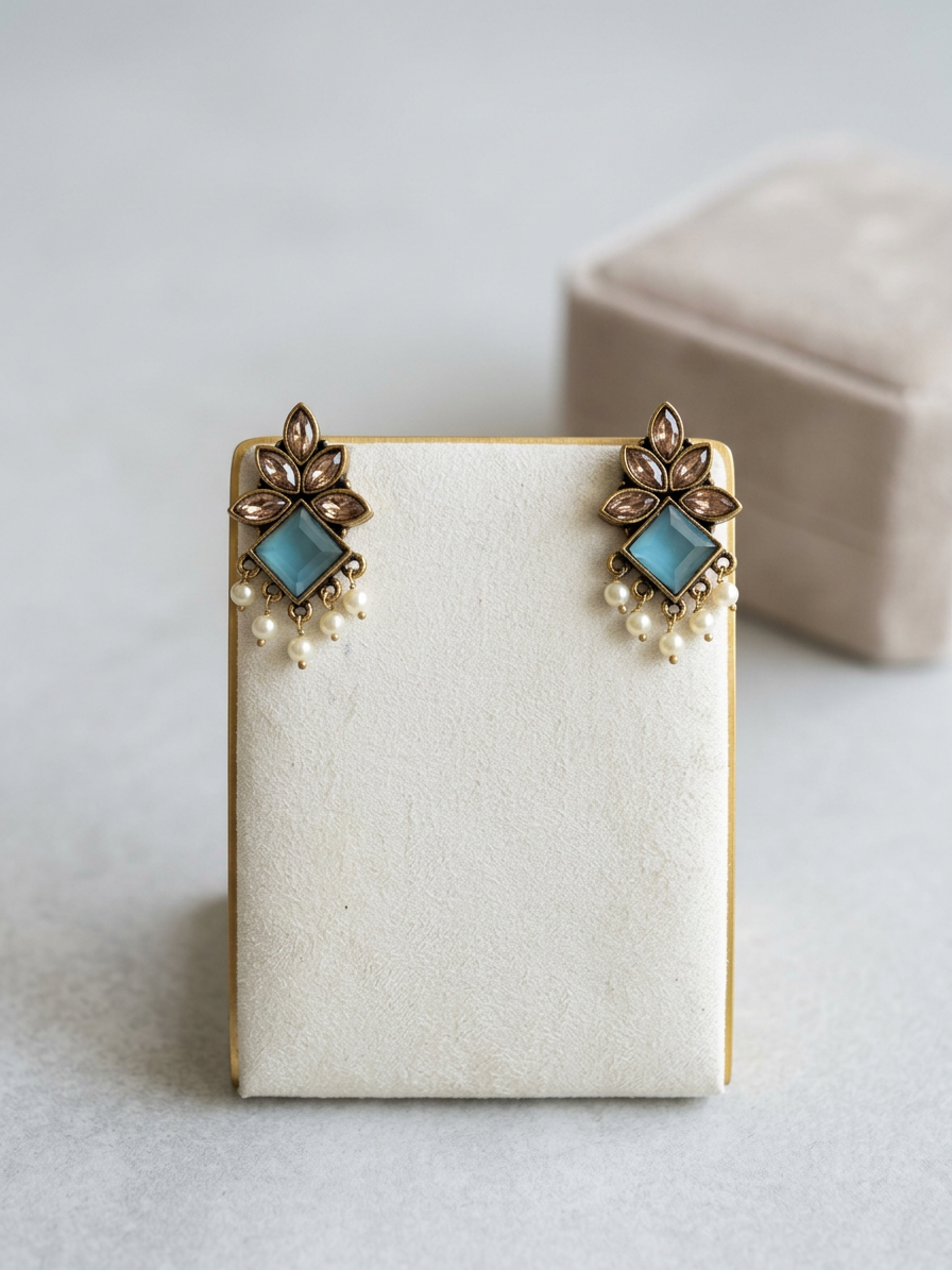 Geometric Diamond Stone & Pearl Antique Stud Earrings