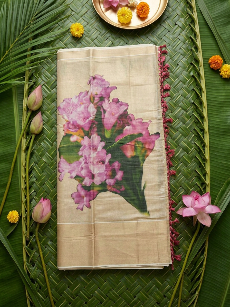 Blossoming Elegance: Pink Floral Printed Golden Tissue Saree