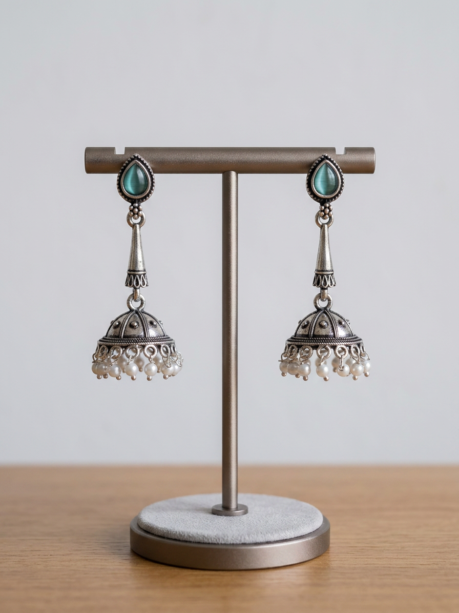 Teardrop Stone Oxidised Silver Pearl Jhumka Earrings