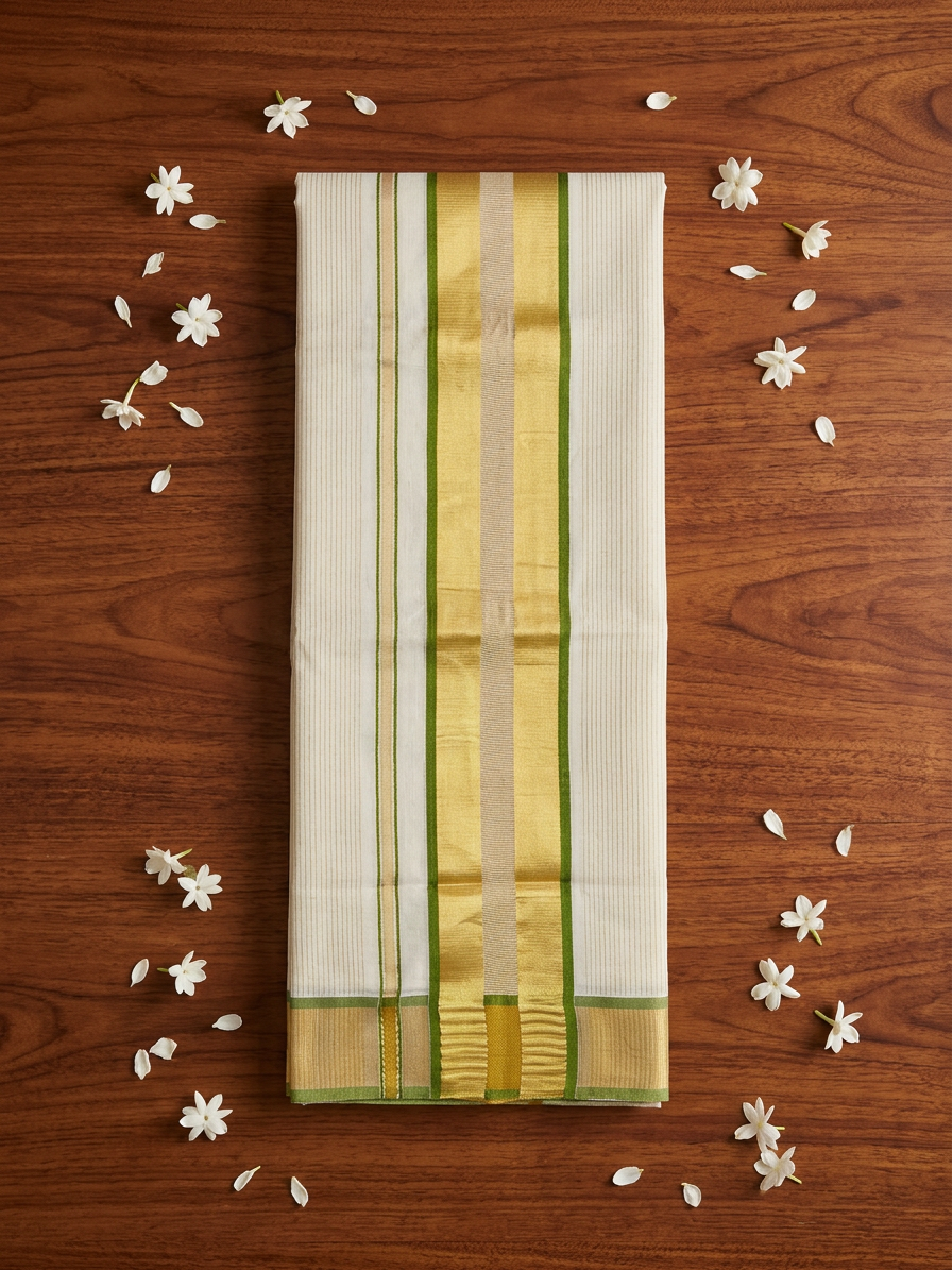 Off-White  Cotton Saree with Fine Woven Stripes, Resplendent Broad Gold Zari Border, and Striking Green Edge Detailing
