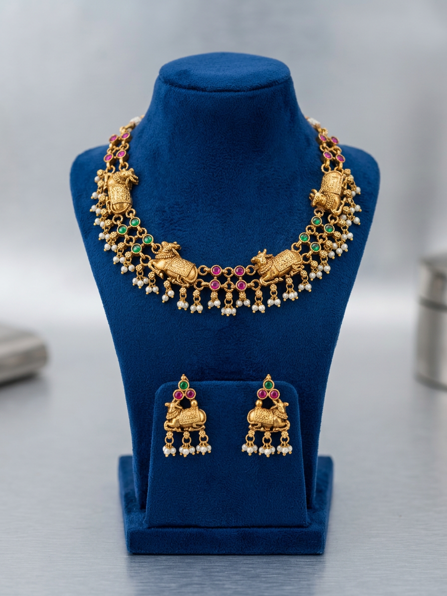 Antique Gold Cow Motif Temple Necklace Set