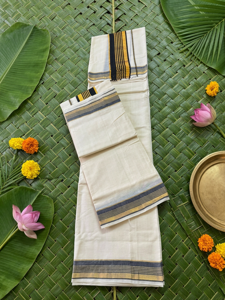 Kerala Cotton Set Mundu with Black & Gold Kasavu Border (Extra Length)