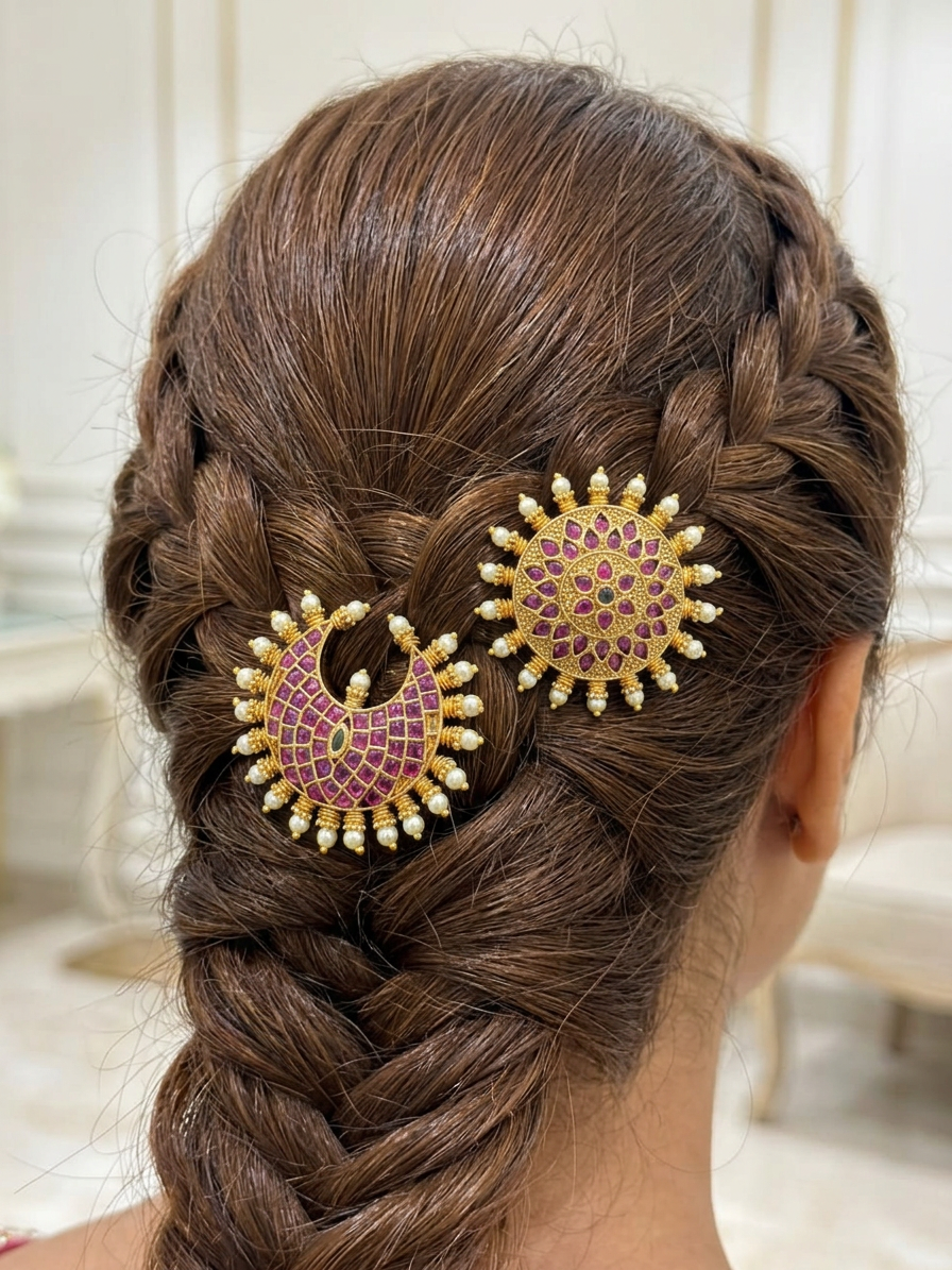 Antique Gold Ruby & Pearl Jadayu Kundan Surya Chandra Pirai