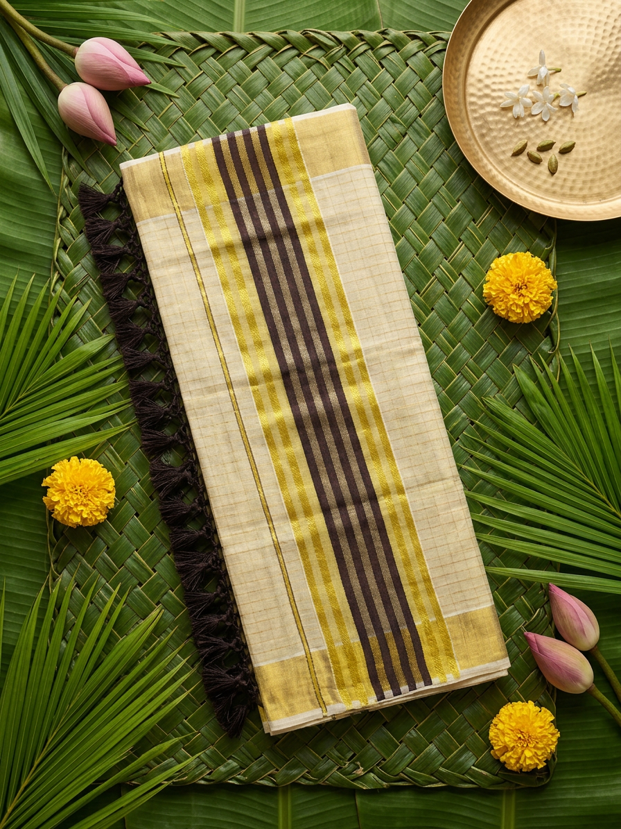 Devika Golden Check Tissue Saree with Bold Mocha & Gold Border