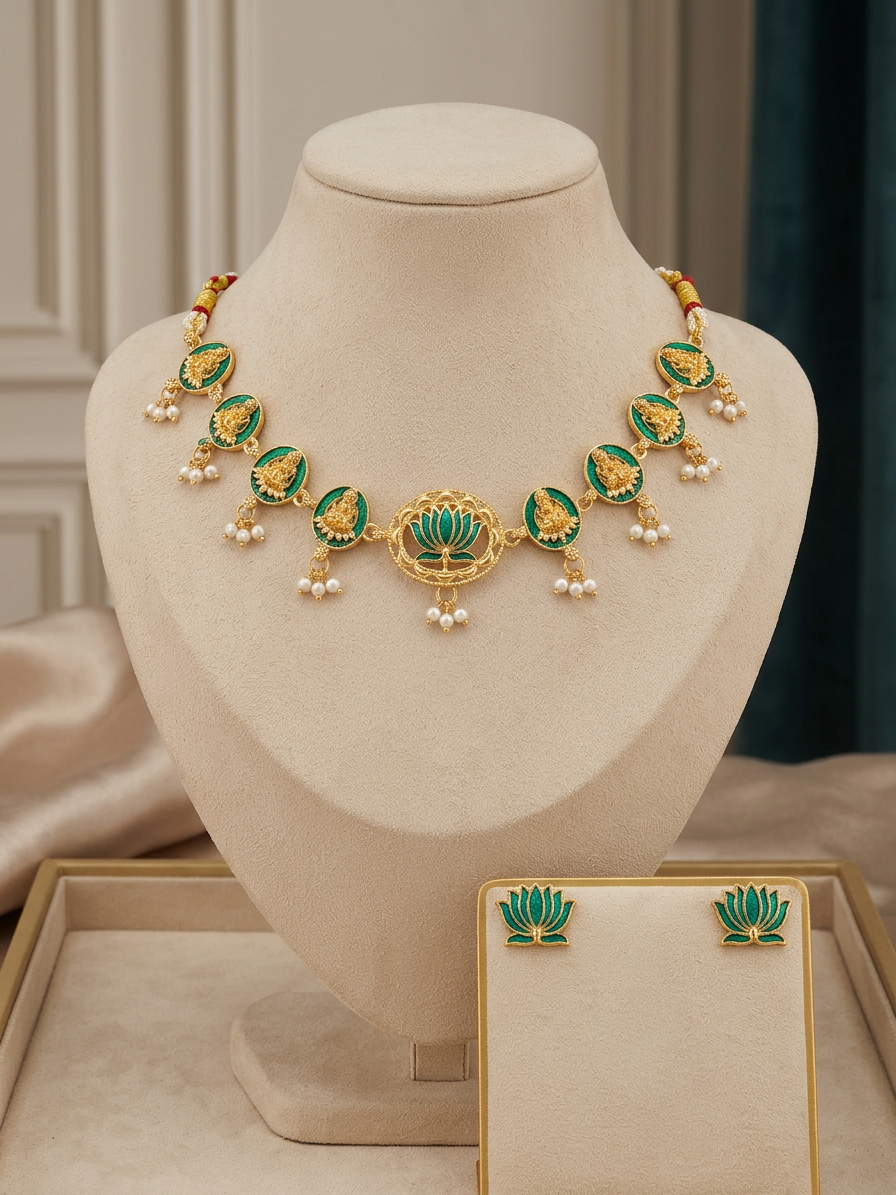 Gold Enamel Lotus & Deity Motif Choker Set
