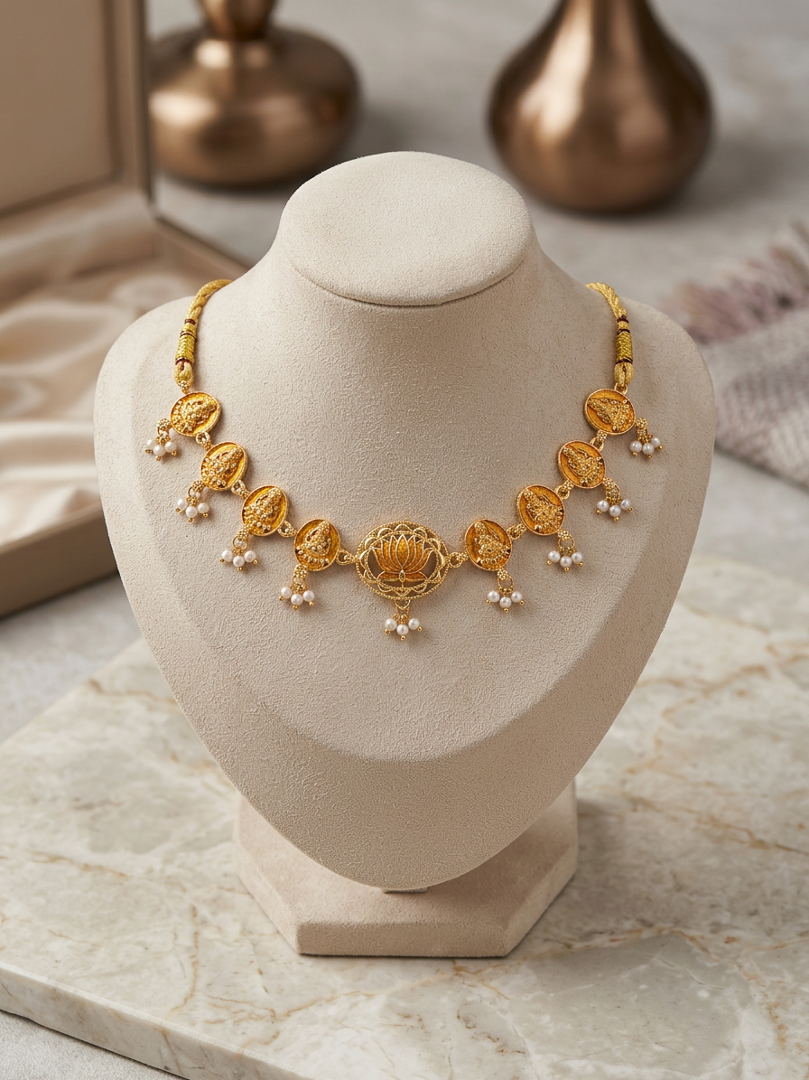 Antique Gold & Blue Enamel Lotus Deity Choker