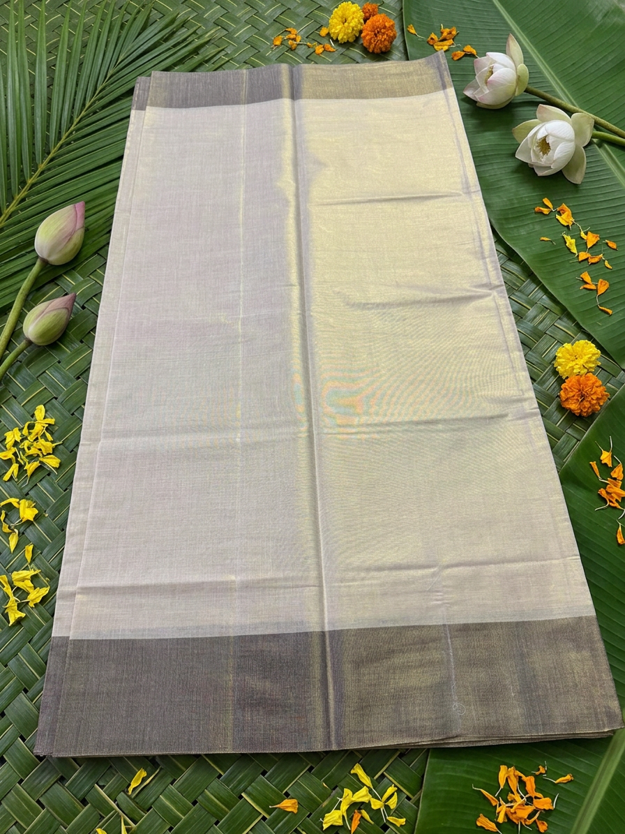 Deep Plum Banded Golden Tissue Saree with Macrame Tassels