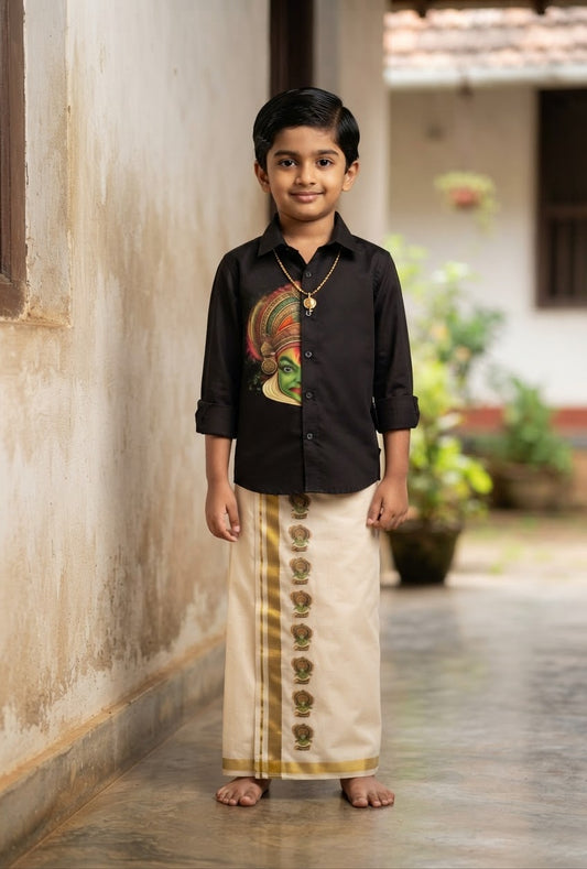 Kid's Kathakali Heritage Shirt and Velcro Mundu Combo Set