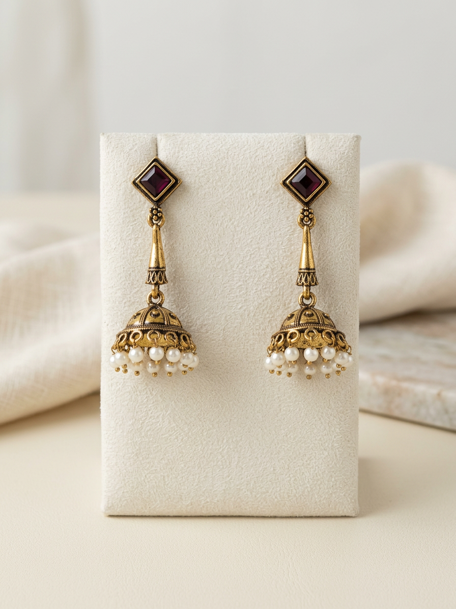 Rhombus Stone Antique Gold Pearl Jhumka Earrings