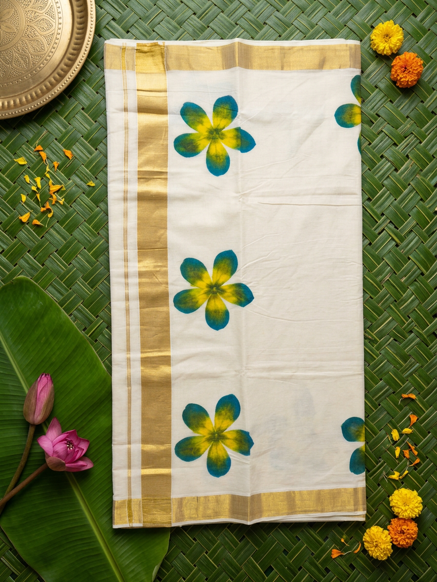 Anika Blue & Yellow Floral Painted Kasavu Cotton Saree