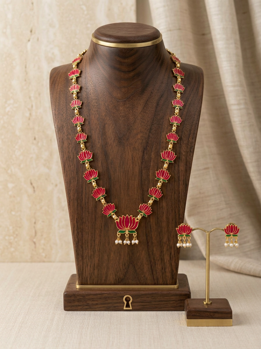 Gold Enamel Lotus Long Haram & Earring Set