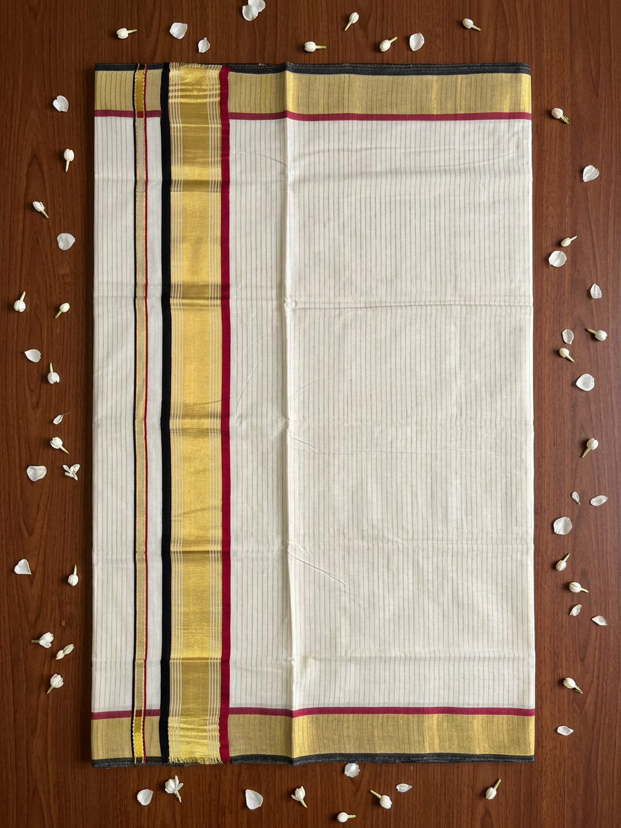 Off-White Cotton Saree with Fine Gold Zari Stripes, Resplendent Broad Gold Border, and Striking Black and Maroon Edge Detailing