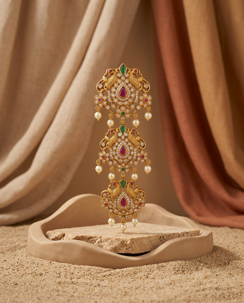 Antique Gold Peacock & CZ Three-Tiered Jada Billa