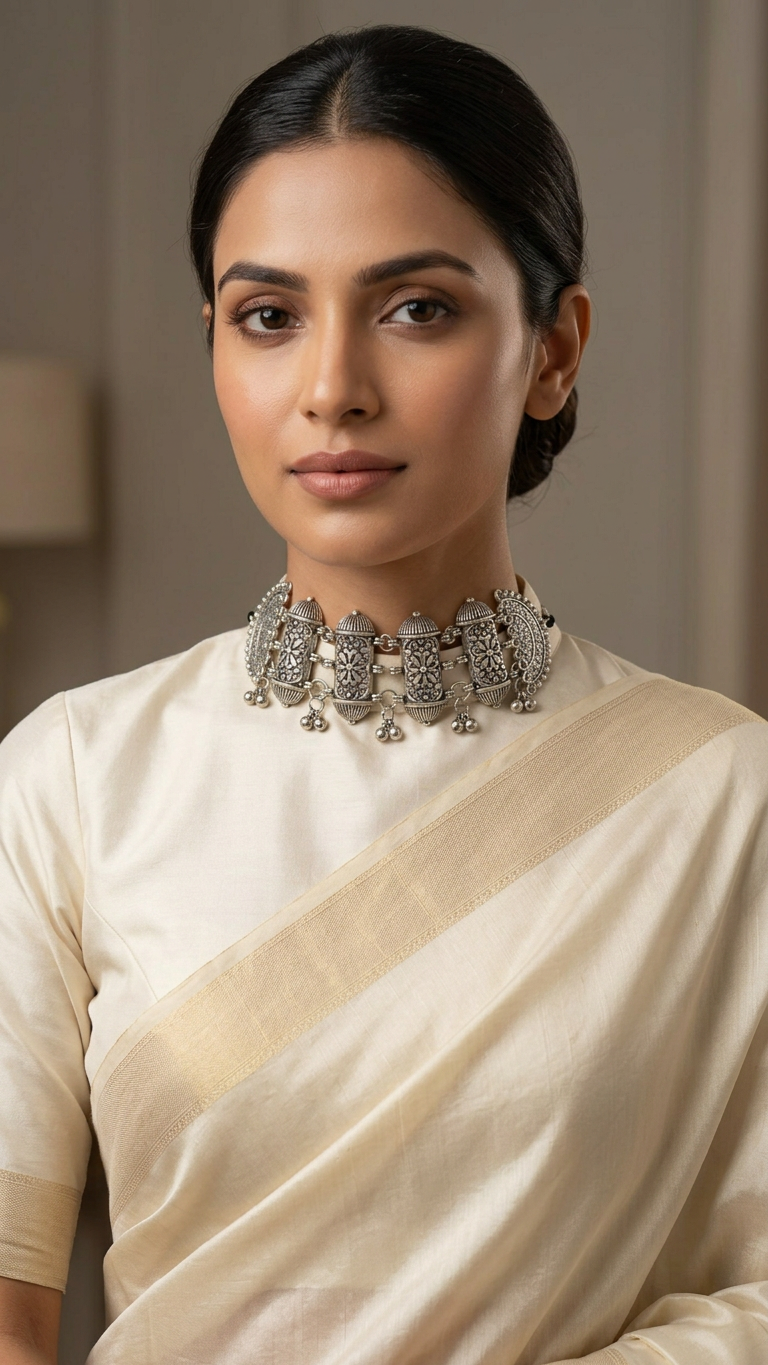 Oxidized Silver Carved Barrel Choker