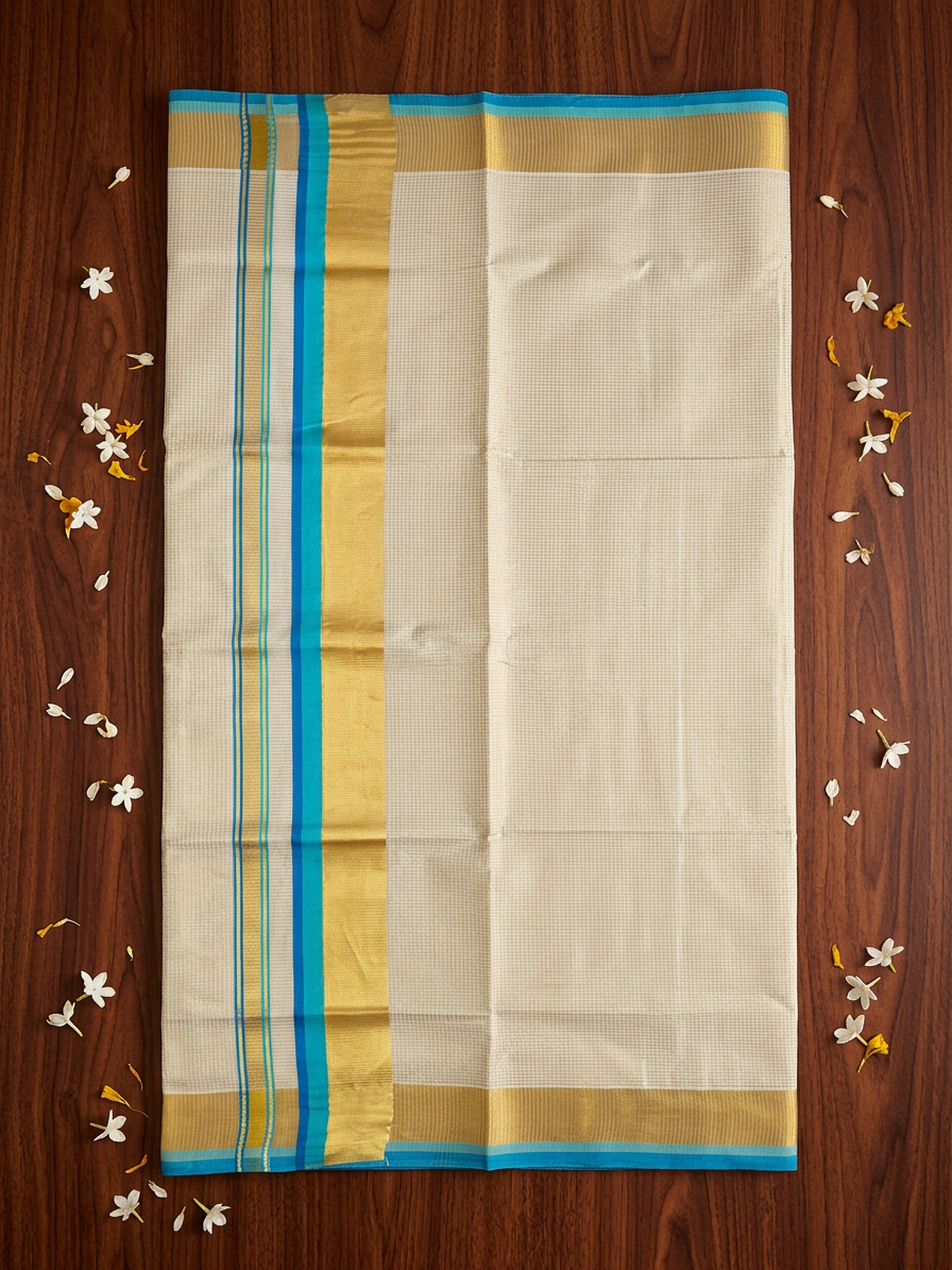 Off-White Cotton Saree with Gold Micro-Checks, Resplendent Broad Gold Zari Border, and Striking Turquoise Blue Edge Detailing