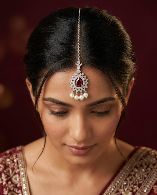 Silver Finish CZ & Teardrop Gemstone Maang Tikka