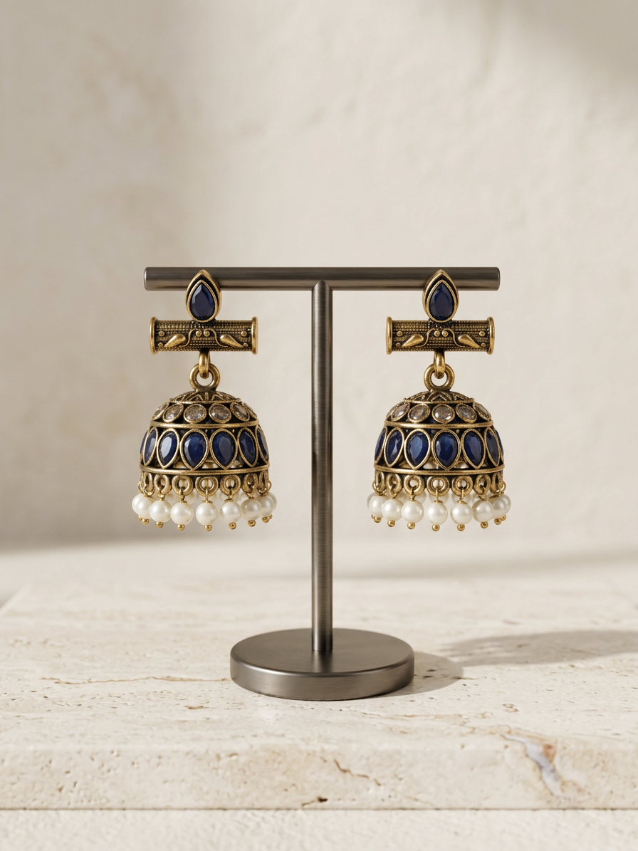 Aarohi Antique Gold Kemp Stone Jhumkas with Pearl Drops