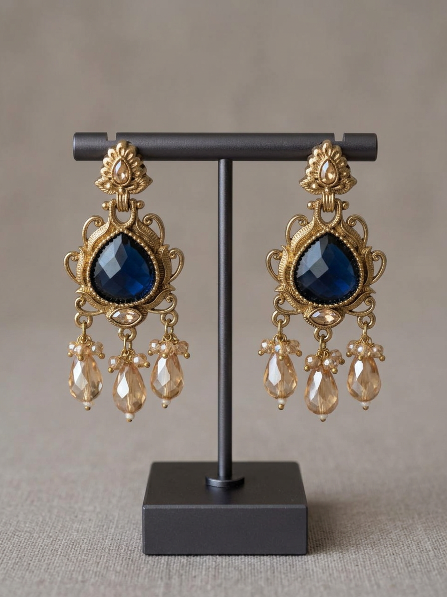 Vintage Teardrop Gemstone & Crystal Chandelier Earrings