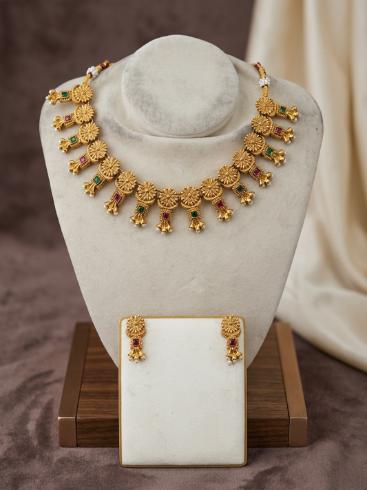 Traditional Matte Gold Floral Chakra Kemp Necklace Set