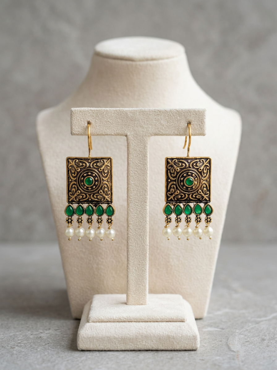 Square Carved Antique Stone & Pearl Wire Earrings