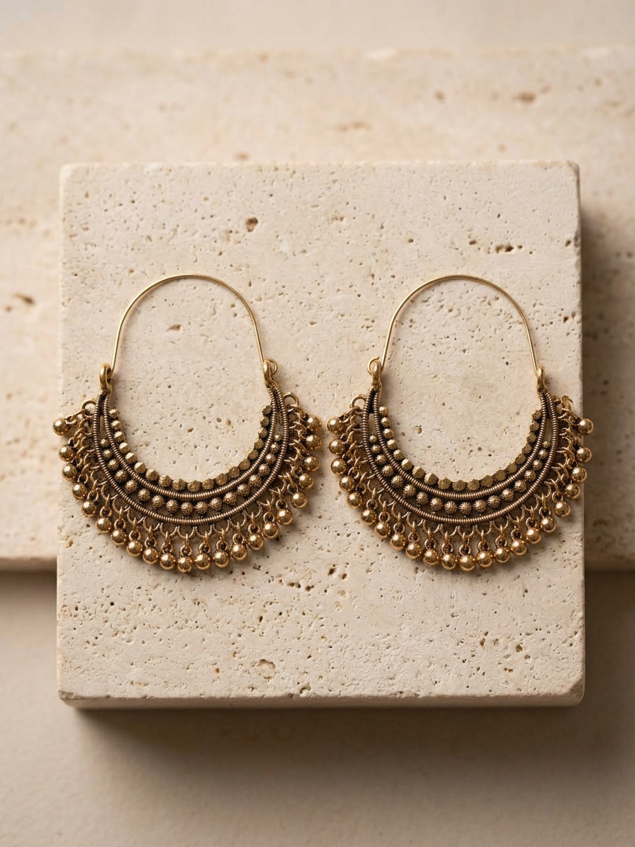Antique Brass Beaded Crescent Hoop Earrings