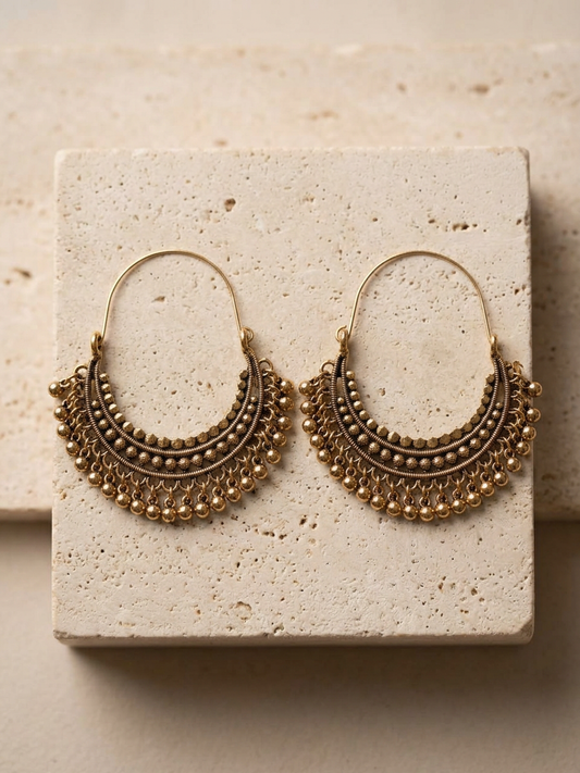 Antique Brass Beaded Crescent Hoop Earrings
