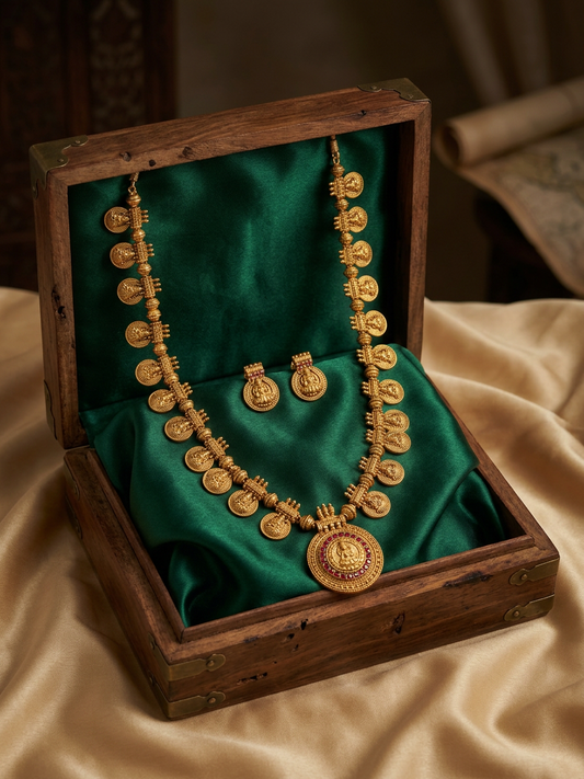 Antique Gold Lakshmi Coin & Emerald Pendant Haram Set