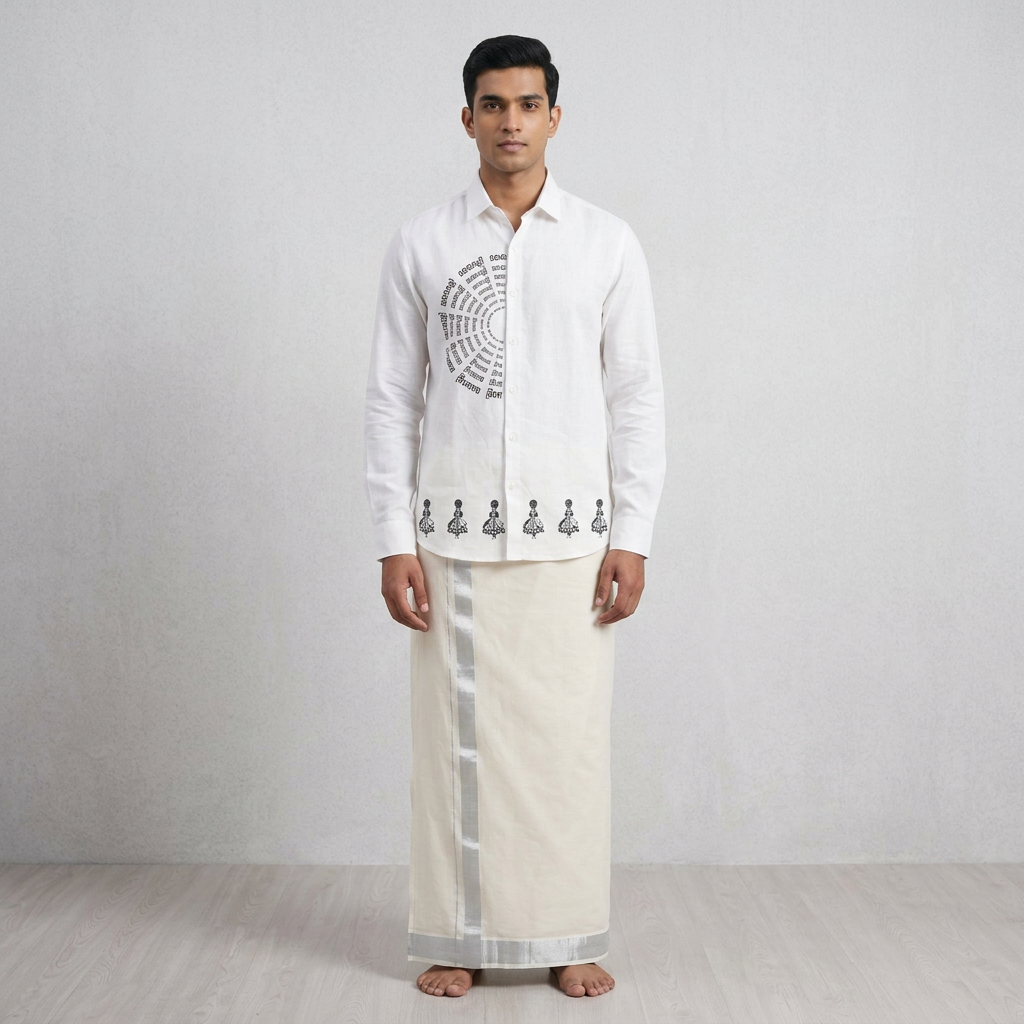 Sterling Grace: Off-White Cotton Mundu with Silver Zari Border