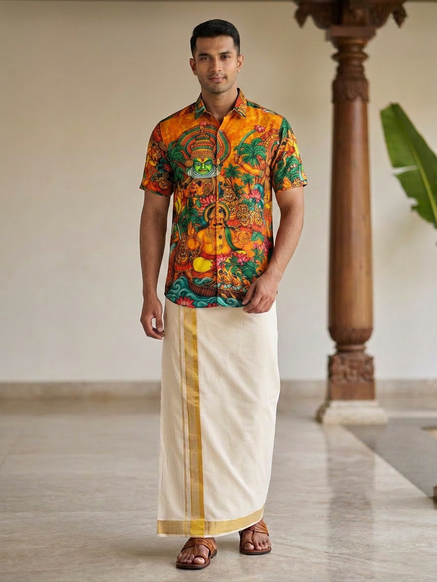 Regal Loom: Off-White Cotton Kasavu Mundu with Striped Gold Zari