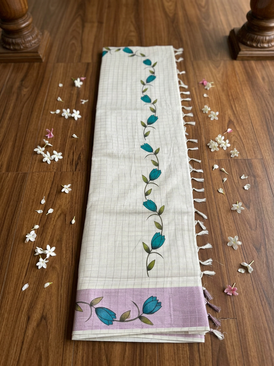 Off-White Cotton Saree with Subtle Micro-Check Weave, Artisanal Teal Floral Vine Motifs, Soft Pastel Lavender Pallu Accent, and Elegant Hand-Knotted Tassels