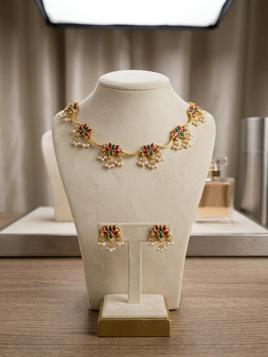 Traditional Gold Floral Ruby & Emerald Choker Set