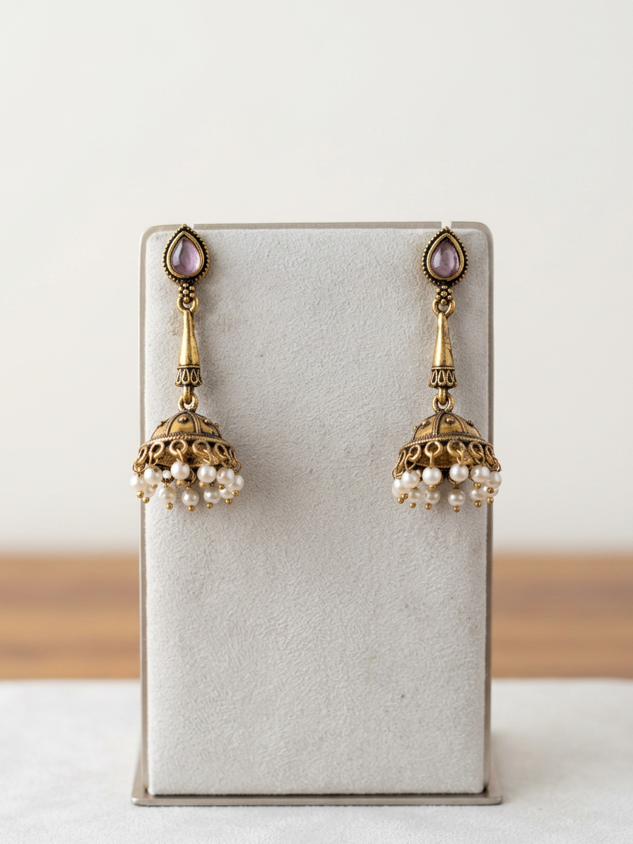 Teardrop Stone Antique Gold Pearl Jhumka Earrings