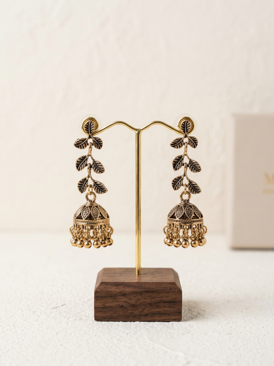Antique Leaf Cascade Gold Jhumka Earrings