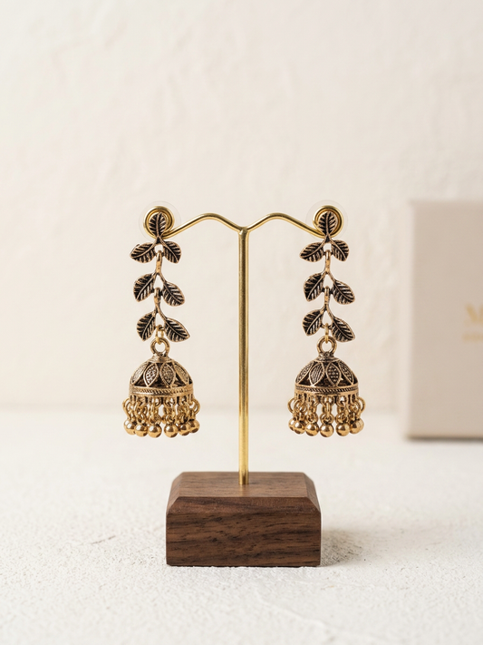Antique Leaf Cascade Gold Jhumka Earrings