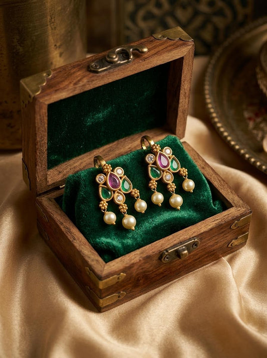 Traditional Antique Gold Teardrop Motif Clip-On Bugadi with Multicolor Stones & Pearls