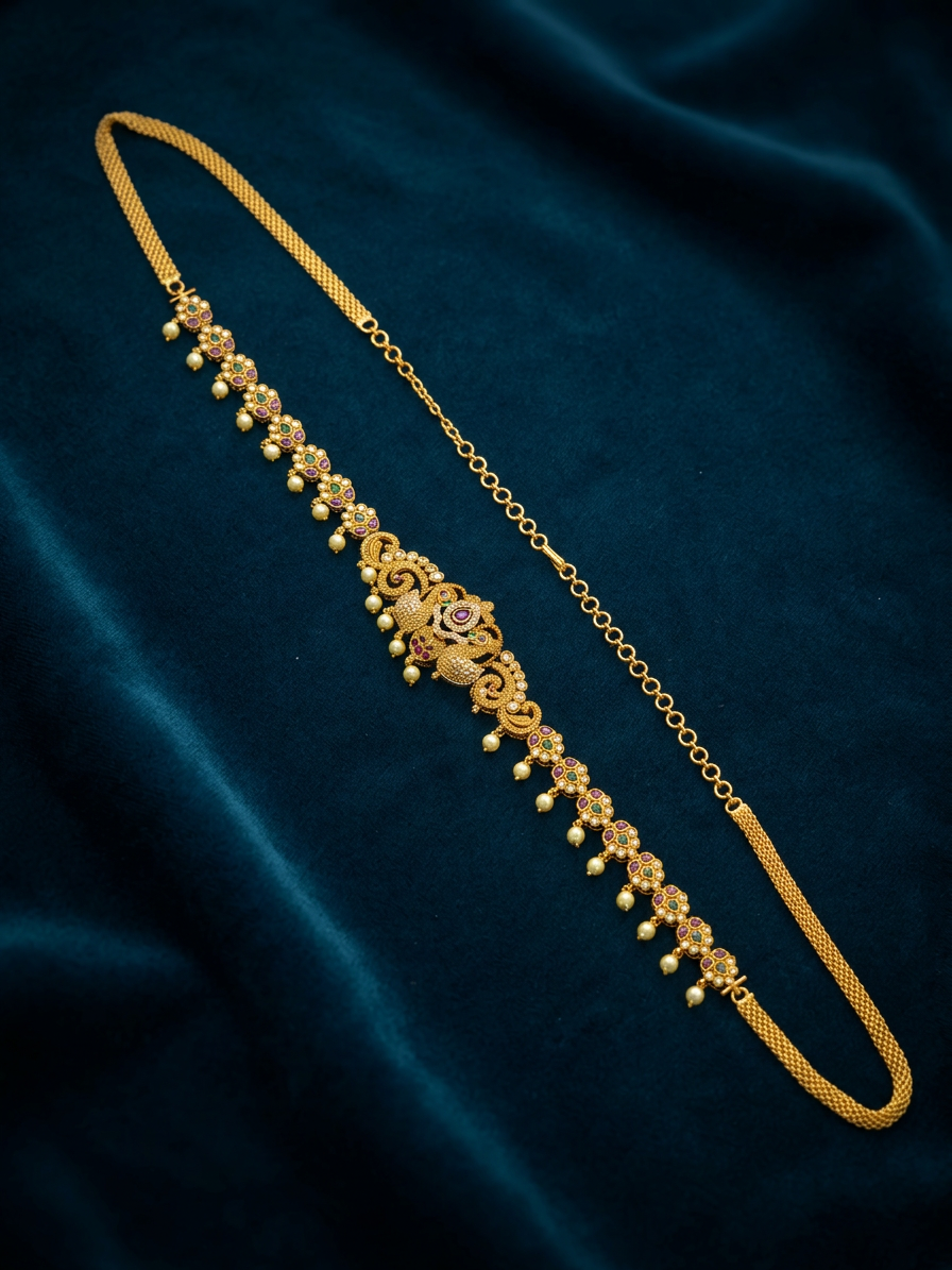 Antique Gold Peacock Motif Vaddanam with Ruby & Pearls