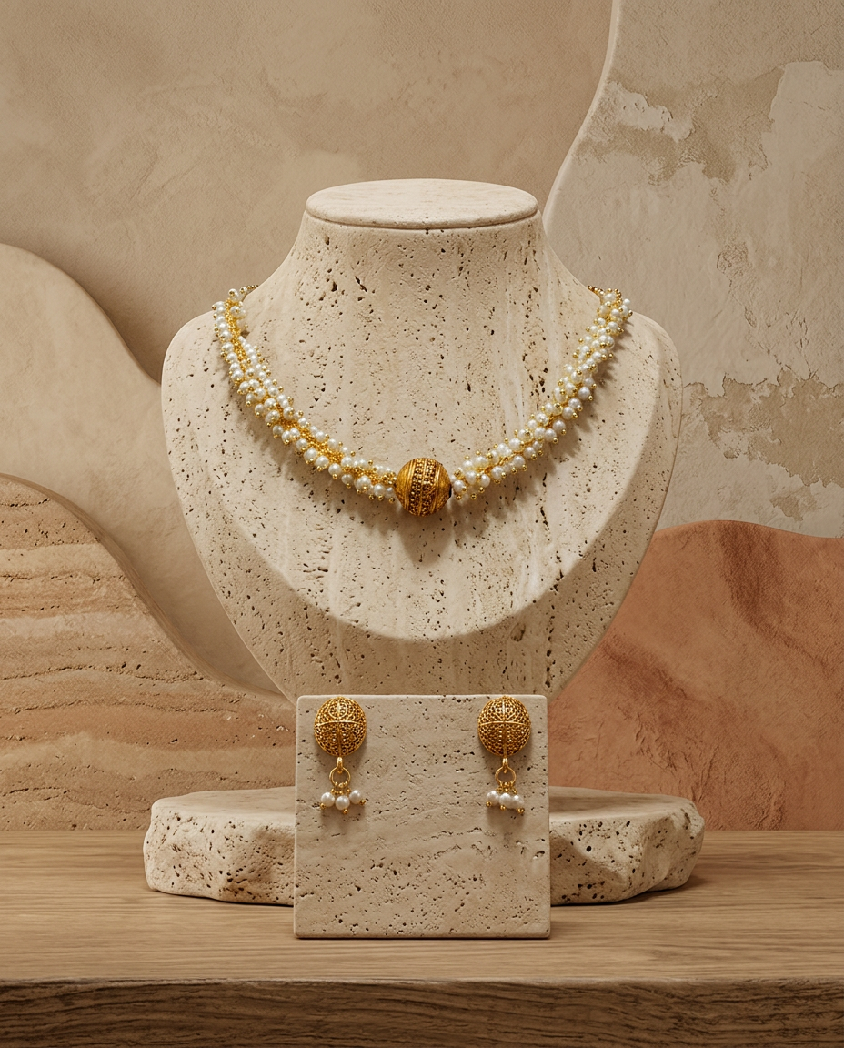 Multi-Strand Pearl & Textured Gold Sphere Choker Set