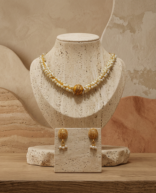 Multi-Strand Pearl & Textured Gold Sphere Choker Set