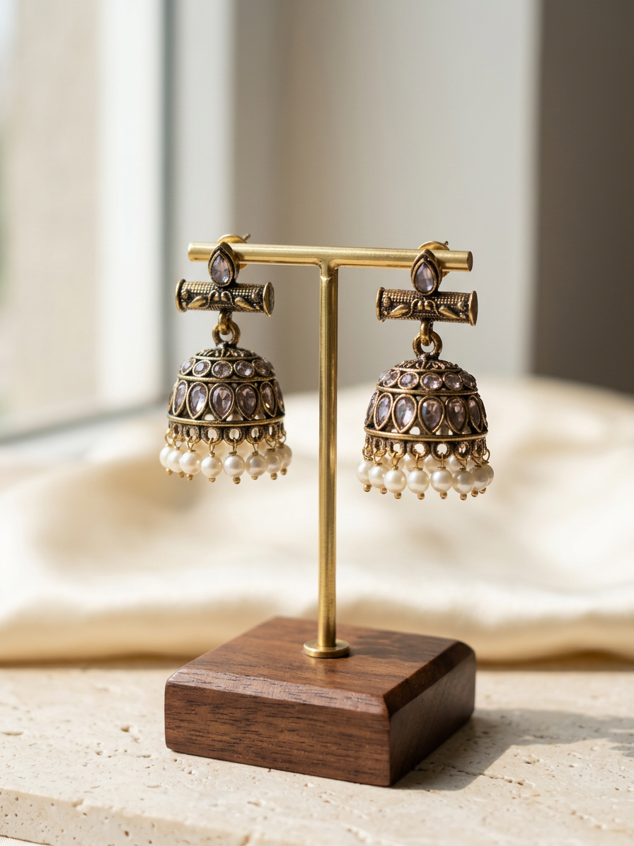 Aarohi Antique Gold Kemp Stone Jhumkas with Pearl Drops