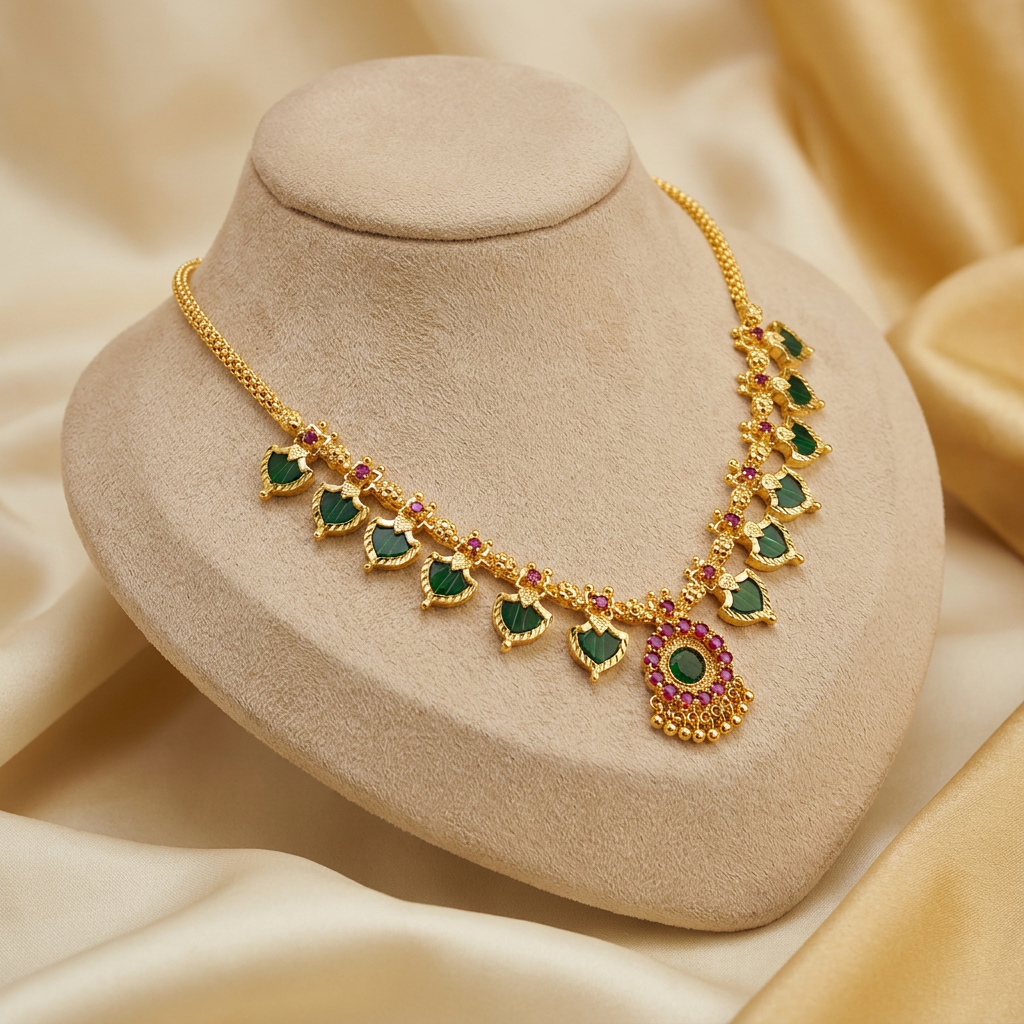 Traditional South Indian Green Palakka & Ruby Gold Necklace