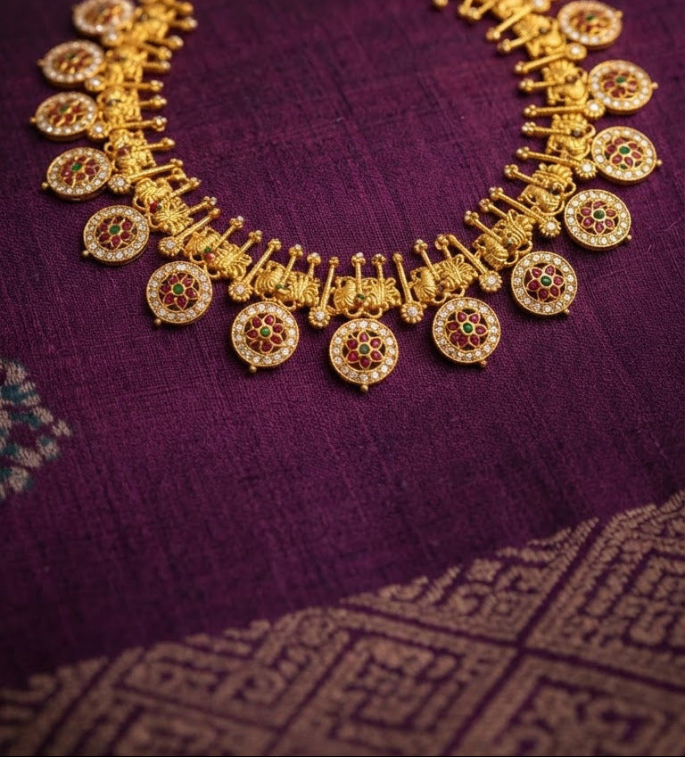 Traditional Antique Gold Floral Chakra Long Haram Set