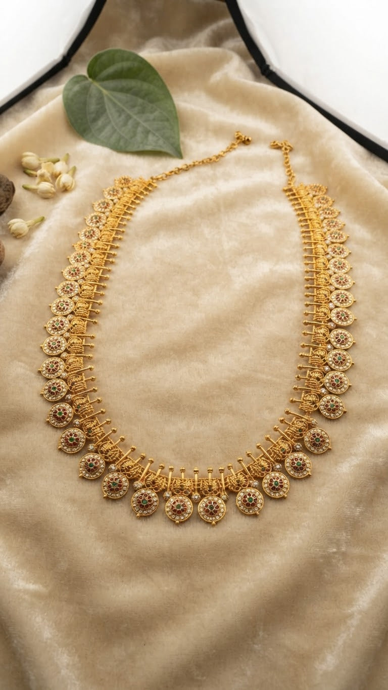 Traditional Antique Gold Floral Chakra Long Haram Set