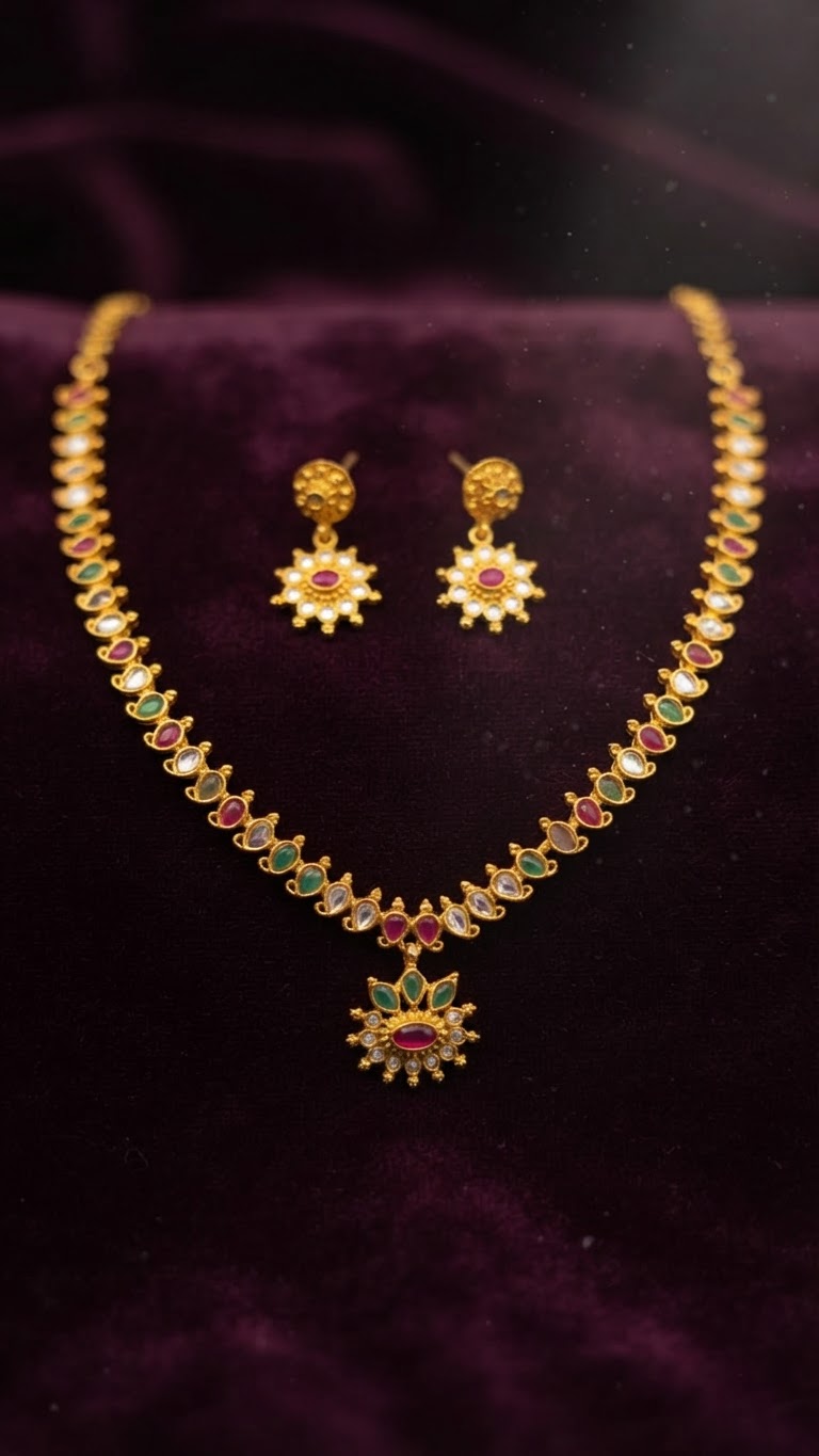 Traditional Antique Gold Ruby & Emerald Floral Choker Set